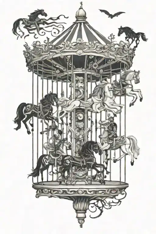 carousel with horses, instead of horses there are skeletons of people, skeletons are hung tattoo design idea