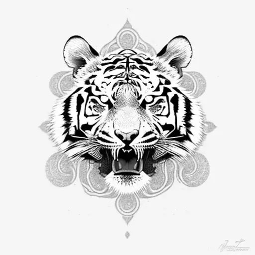 A powerful tiger face with intricate dotwork patterns, representing strength and passion tattoo design idea