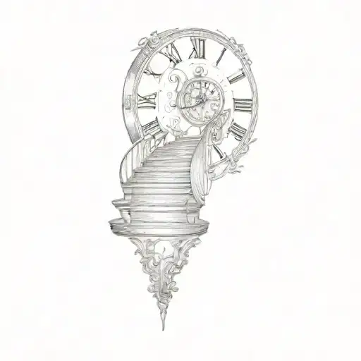 staircase with a clock in the background angel wings tattoo design idea