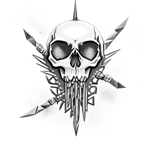 skull with spikes on a chain with handle tattoo design idea