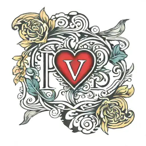 initials P and V with love shape tattoo design idea