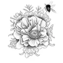 marigold flower and aster flower and sweet pea flowers in a bouquet with a little bee  tattoo design idea