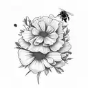 marigold flower and aster flower and sweet pea flowers in a bouquet with a little bee  tattoo design idea