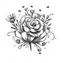 marigold flower and aster flower and sweet pea flowers in a bouquet with a little bee  tattoo design idea