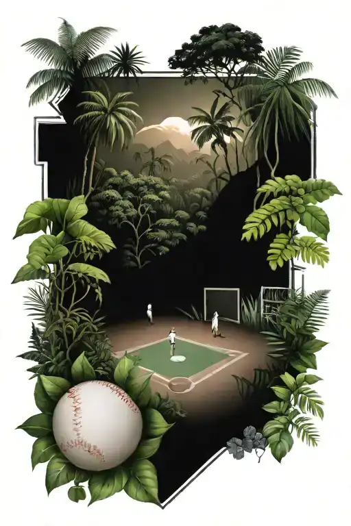 A baseball diamond tattoo surrounded by a lush jungle, symbolizing the balance between sports and nature tattoo design idea