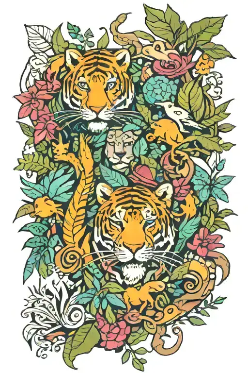 A jungle-inspired tattoo with various animals hidden among the trees and foliage tattoo design idea