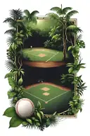 A baseball diamond tattoo surrounded by a lush jungle, symbolizing the balance between sports and nature tattoo design idea