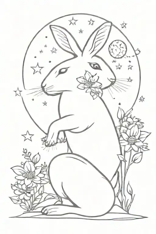 rabbit full body flower moon and stars  tattoo design idea