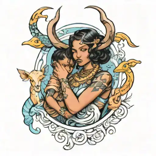 black aquarius woman holding taurus and virgo sagittarius children  tattoo design idea