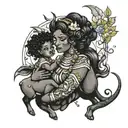black aquarius woman holding taurus and virgo children  tattoo design idea
