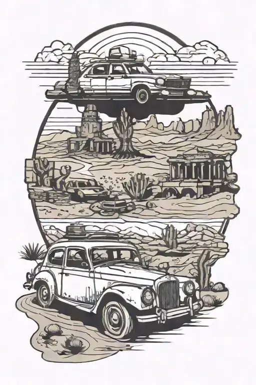 Vintage car driving through a desert landscape with a coffee cup balanced on the hood, surrounded by ancient ruins tattoo design idea