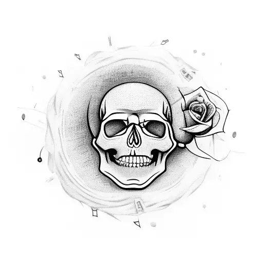 skull, roses and the head of a "music man bongo" bass guitar, intertwined with lyrics in a trash polka style tattoo design idea