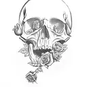 skull, roses and the head of a "music man bongo" bass guitar, intertwined with lyrics in a trash polka style tattoo design idea