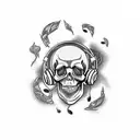 skull, roses and the head of a "music man bongo" bass guitar, intertwined with lyrics in a trash polka style tattoo design idea