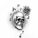 skull, roses and the head of a "music man bongo" bass guitar, intertwined with lyrics in a trash polka style tattoo design idea