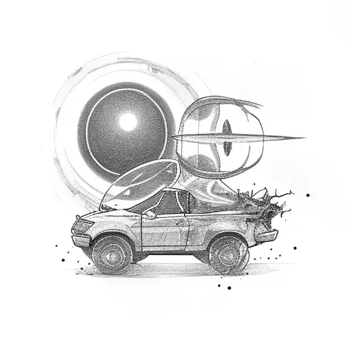 pick-up car that is crashed and a ufo above it tattoo design idea