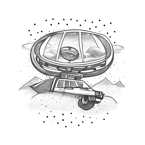 pick-up car that is crashed and a ufo above it tattoo design idea