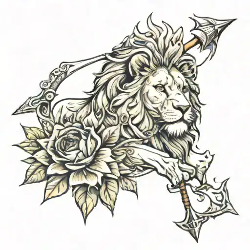 lion, bow and arrow,  sunflower, carnation,  tattoo design idea