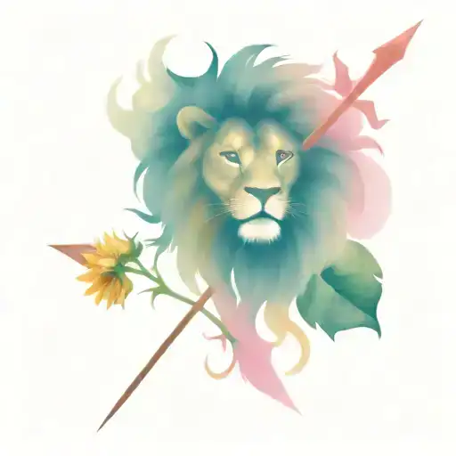 lion, bow and arrow,  sunflower, pink carnation,  tattoo design idea