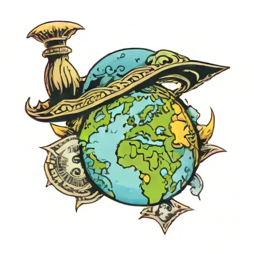 planet earth where the dollar is seen as god and bows down to money tattoo design idea