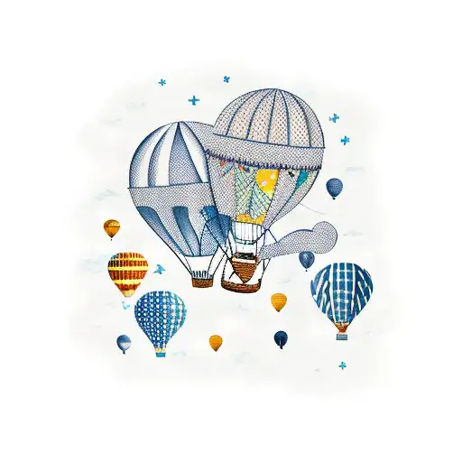 A whimsical bear family traveling in a hot air balloon over a map of the world tattoo design idea