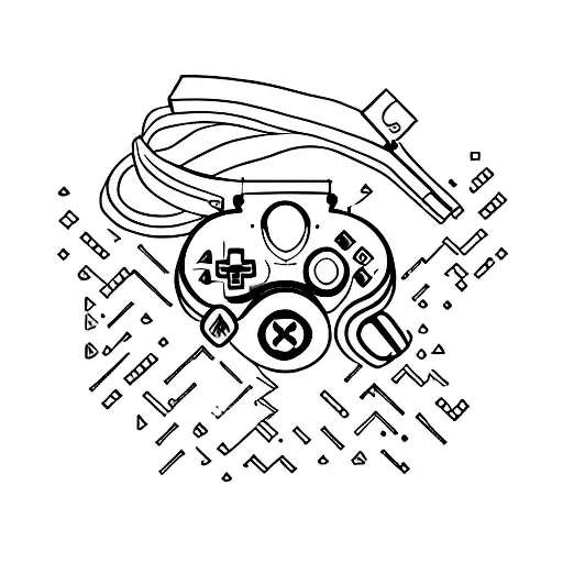 A minimalist tattoo of a video game controller integrated with a dental tool. tattoo design idea