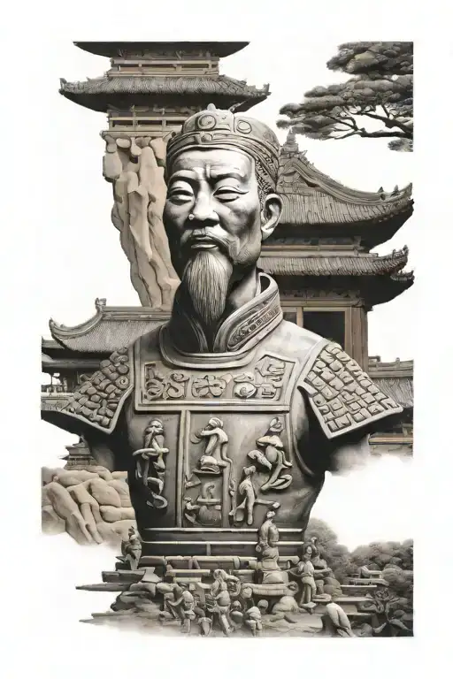 Chinese temple and terracotta warriors tattoo design idea