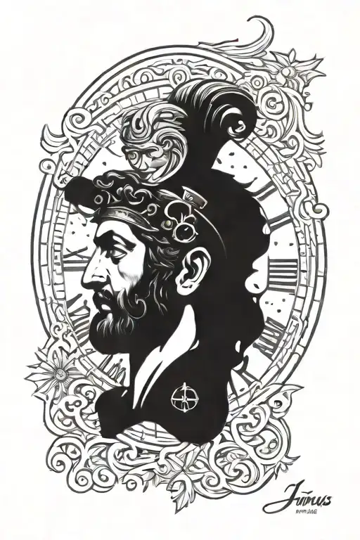 janus roman god, timeless clock, aquarius constellation tattoo design idea