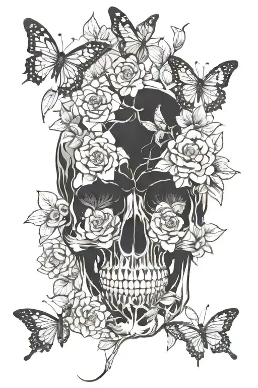 Skull, Japanese flower, forest, butterfly, shaddow tattoo design idea