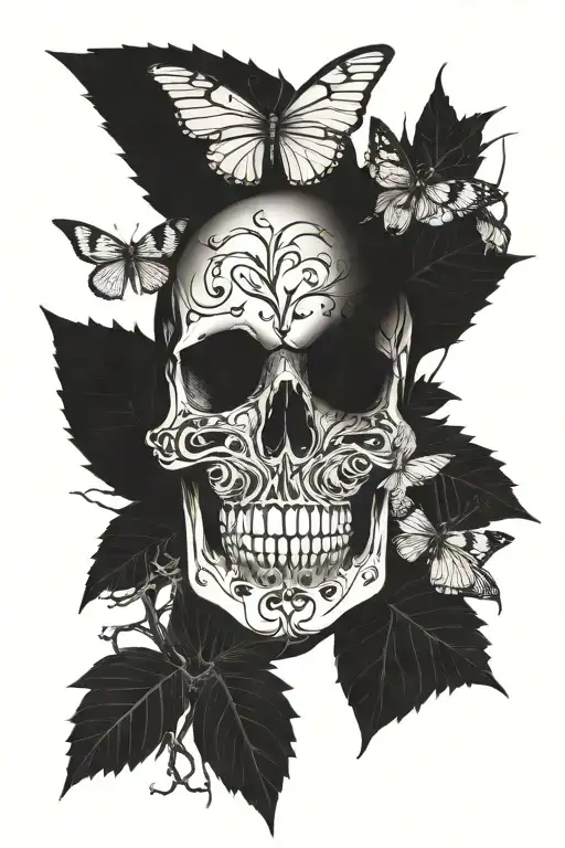 Skull, Moth, Forest, Shaddow, Japanese, Nature, Woman, dark, death tattoo design idea