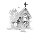 carpenter building house in front of the cross tattoo design idea