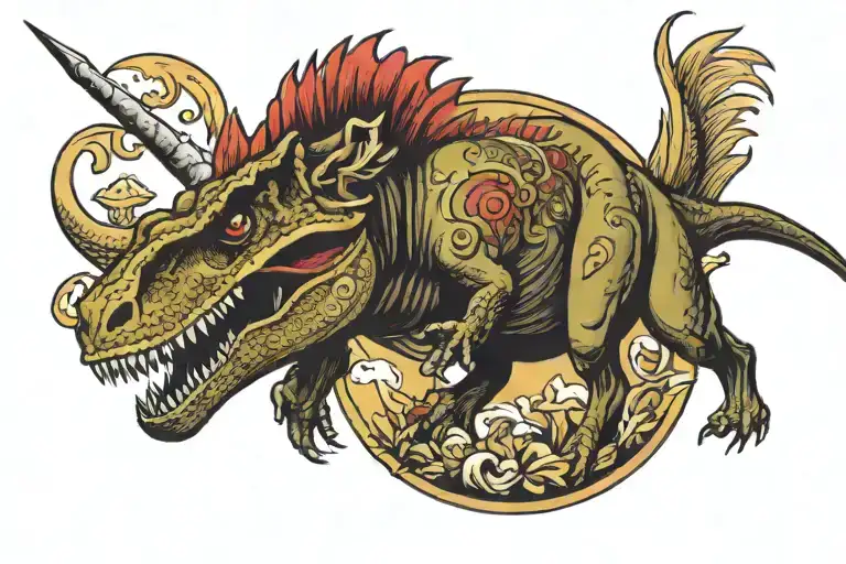 a t-rex fighting a majestic looking unicorn  tattoo design idea