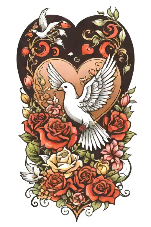 Design a tattoo of a heart, flowers, dove, depicting my relationship with God tattoo design idea