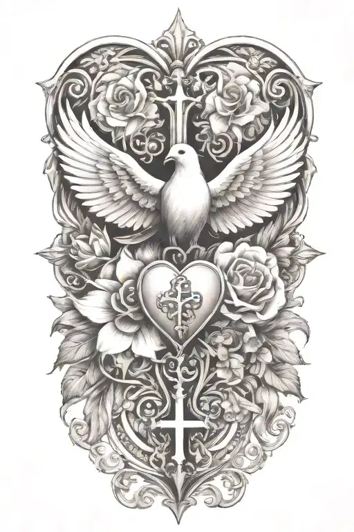 Design a tattoo of a heart, flower a cross  and a dove, representing your faith, hard work and loyalty to your spouse tattoo design idea