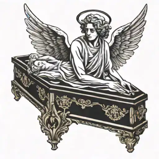 Angel statue on coffin tattoo design idea