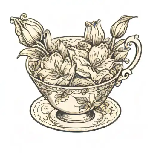 A pretty feminine teacup without the saucer that has tulips and gladiolus flowers inside  tattoo design idea