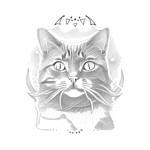 cat sticker, cartoon illustration, outline, white background tattoo design idea