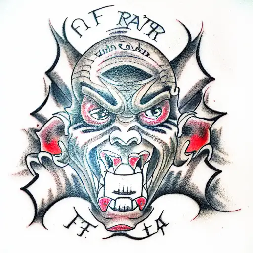 face of an orc with red eyes, many scars and large teeth tattoo design idea