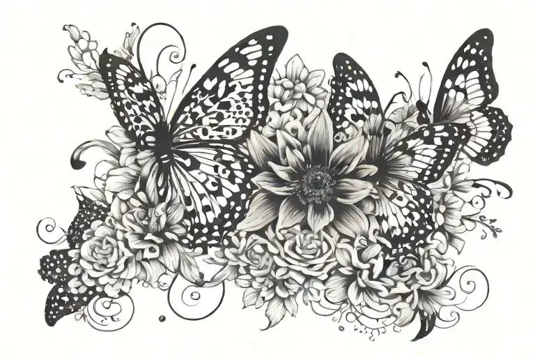 cheetah butterfly with  daisies,  pot marigolds,  lilies, carnations, narcissus, rose, and a chrysanthemum tattoo design idea