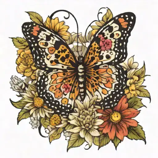 cheetah butterfly surrounded by 2 daisies,2 pot marigolds,2 lilies 2 carnations, 1 narcissus,1 rose,and 1 chrysanthemum tattoo design idea