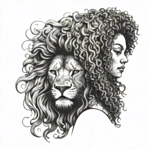 A woman with curly hair transforming into a fierce lion tattoo design idea