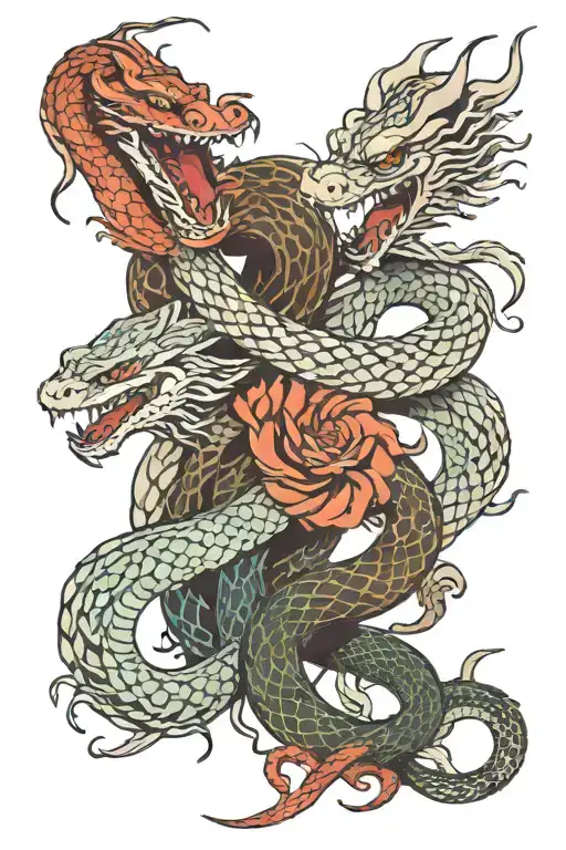 snake and dragon intertwined tattoo design idea