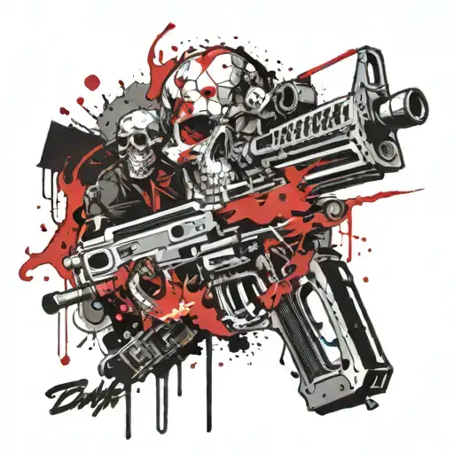 Skull on fire with a machine gun tattoo design idea