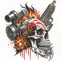 Skull on fire with a machine gun tattoo design idea