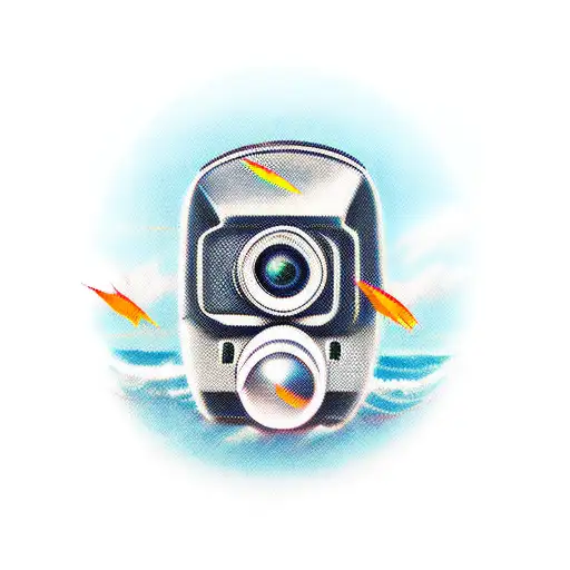 3/4 view camera with legs on a surfboard tattoo design idea