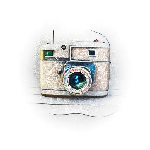 3/4 view camera with legs on a surfboard tattoo design idea