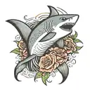 Shark on the forearm that the tail divides at the elbow and the rest of the body goes down the forearm tattoo design idea