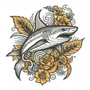 Shark on the forearm that the tail divides at the elbow and the rest of the body goes down the forearm tattoo design idea