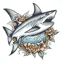 Shark on the forearm that the tail divides at the elbow and the rest of the body goes down the forearm tattoo design idea