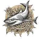 Shark on the forearm that the tail divides at the elbow and the rest of the body goes down the forearm tattoo design idea